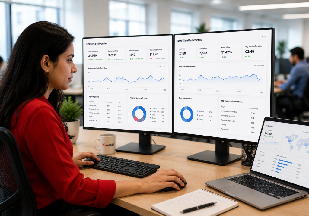 Data analyst monitoring real-time conversion rates on multi-monitor setup