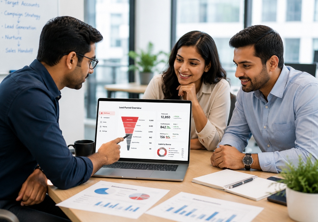 Sales and marketing team analyzing lead funnel analytics